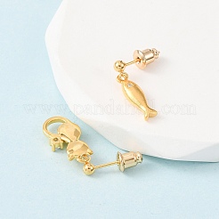 Серьги-гвоздики в форме кошки и рыбы из латуни с микропаве из прозрачных кубических цирконий&nbsp;EJEW-F401-01G