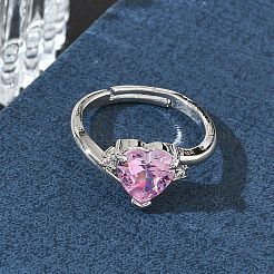 Verstellbare Fingerringe aus Messing mit rosafarbenem Herz-Zirkonia zum Valentinstag&nbsp;CU-CBA7E55-11P