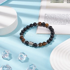 Occhio di tigre naturale e braccialetto elasticizzato con perline rotonde in legno con testa di buddha in lega&nbsp;BJEW-JB08402