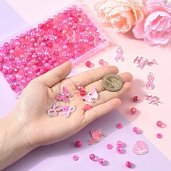 Anhänger aus Emaillelegierung mit rosa Schleife zum Thema Brustkrebs und Perlen aus Acryl und Polymer-Ton zum Finden von Kits&nbsp;DIY-YW0016-34
