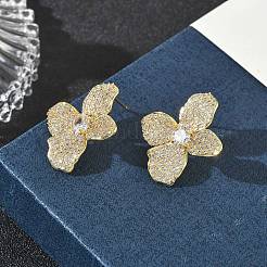 Boucles d'oreilles puces en laiton et zircon cubique transparent en forme de fleur à quatre feuilles&nbsp;KK-CBA36A2-08G