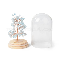 Aigue-marine naturelle copeaux arbre d'argent dans des cloches en verre à dôme avec des décorations d'affichage à base de bois&nbsp;DJEW-B007-04C