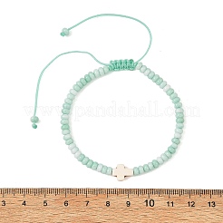 Braccialetti regolabili con croce religiosa in turchese sintetico tinto e perline intrecciate a rondella in vetro tinto con effetto sfumato&nbsp;BJEW-JB14309