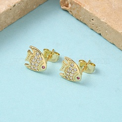 Серьги-гвоздики из латуни с микропаве из прозрачных кубических цирконий в форме рыб&nbsp;EJEW-Z144-23G