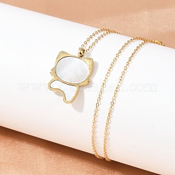 Милые ожерелья с подвеской в форме кошки из нержавеющей стали 304 с натуральным белым ракушечным узором для женщин&nbsp;NJEW-F339-01G