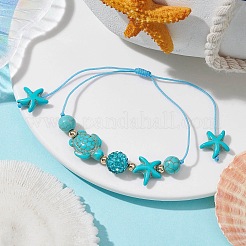 Synthetische türkisfarbene (gefärbte und erhitzte) geflochtene Perlenarmbänder mit Seestern und Schildkröte&nbsp;BJEW-JB09818-01