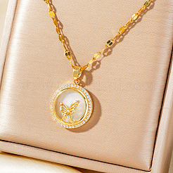 Латунный прозрачный кубический цирконий плоский круглый кулон в виде бабочки ожерелья с цепочкой для женщин&nbsp;LS-WA9125