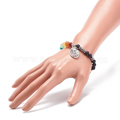 Bracelet extensible en pierre de lave naturelle et pierres mélangées avec breloque ovale en alliage&nbsp;BJEW-JB08733-01