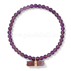 Braccialetti elasticizzati con perline rotonde di ametista naturale da 4 mm e ciondoli a forma di colonna sfaccettata.&nbsp;WG291B2-02