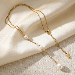 Verstellbare dreifache Lariat-Halskette mit ovaler Quaste aus Kunstperlen und Edelstahl 304 für Damen&nbsp;UT5440-1