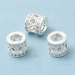 Rack Plating Brass Cubic Zirconia European Beads, Large Hole Beads, Cadmium Free & Lead Free, Long-Lasting Plated, Hollow Column, Silver Color Plated, 8x7mm, Hole: 5mm