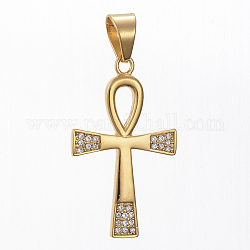 304 Stainless Steel Pendants, with Rhinestone, Ankh Cross, Golden Tone, Crystal, 47x27.5x3mm, Hole: 11x8mm