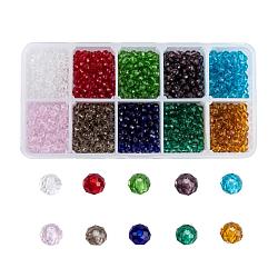 Perles en verre, facette, rondelle, couleur mixte, 4x3mm, Trou: 0.4mm, 10 couleurs, 200 pcs / couleur, 2000 pcs / boîte