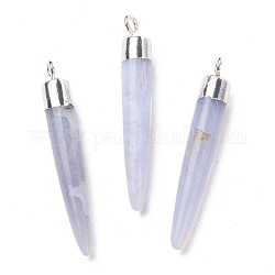 Natural Blue Lace Agate Brass Pendants, Cadmium Free & Lead Free, Bullet Shaped, Silver Color Plated, 33~37x4~5mm, Hole: 2mm