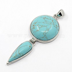 Bezel Gemstone Synthetic Turquoise Big Pendants, with Platinum Plated Brass Findings, Flat Round and Drop, 71x26x9mm, Hole: 6x4mm