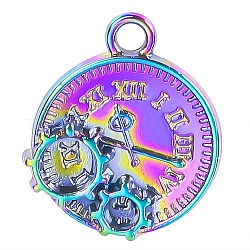 Alloy Pendant, Flat Round with Clock, Rainbow Color, 16x14mm, Hole: 1.5mm