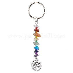 Tree of Life Tibetan Style Alloy Pendant Keychains, with Natural Gemstone Chip Beads and Iron Split Key Rings, Flat Round, 10.1cm