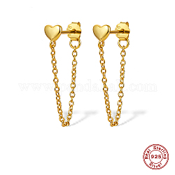 925 Sterling Silver Heart Stud Earrings, Chains Front Back Stud Earrings, with 925 Stamp, Real 18K Gold Plated, 24mm