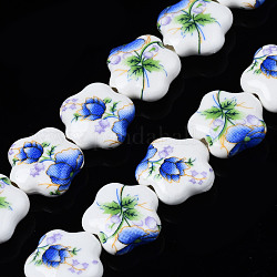 Handgemachte Porzellan-Keramik-Perlenstränge, Blume gedruckt, Blume, Blau, 14x15x6 mm, Bohrung: 1.8 mm, ca. 23 Stk. / Strang, 12.4 Zoll (31.5 cm)