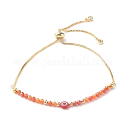 Bracelets coulissants en laiton, avec des perles zircons, main lampwork mauvais oeil perles rondes à plat, tomate, diamètre intérieur: 3/4~3-1/2 pouce (2~8.9 cm)