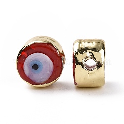 Main mal de perles au chalumeau des yeux, avec les accessoires en laiton de tonalité d'or, Plaqué longue durée, sans cadmium et sans plomb, plat rond, rouge, 12.5x8mm, Trou: 2.5mm