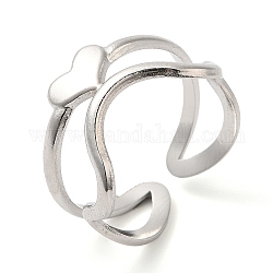 304 anillo de puño abierto de corazón de acero inoxidable para mujer, color acero inoxidable, diámetro interior: 17 mm