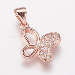Brass Cubic Zirconia Pendants, Butterfly Charms, Rose Gold, 12x14x2.5mm, Hole: 3.5x5mm