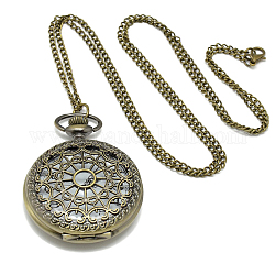 Legierung flache runde Halskette Taschenuhr, mit Eisenketten und Karabinerverschlüsse, Quarzuhr, Antik Bronze, 31.5 Zoll, Uhr-Kopf: 61x47x16 mm