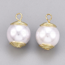 Pendenti di perle imitazione plastica abs, con accessori di ottone, tondo, bianco crema, vero placcato oro 18k, 15x9.5mm, Foro: 1.5 mm