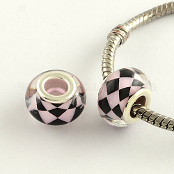 Large Hole Grid Pattern Acrylic European Beads, with Platinum Tone Brass Double Cores, Rondelle, Pink, 14x9mm, Hole: 5mm