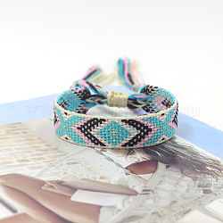 Polyester Braided Rhombus Pattern Cord Bracelet, Ethnic Tribal Adjustable Brazilian Bracelet for Women, Light Sky Blue, 5-7/8 inch(15cm)