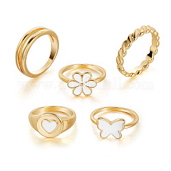 Conjunto de anillos de dedo de rhinestone de mariposa, flor y corazón con cuentas de perlas de imitación, anillos apilables de aleación de esmalte para mujer, dorado, diámetro interior: 17~18 mm, 5 PC / sistema