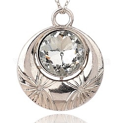 Alloy Glass Big Pendants, Faceted, Flat Round, Antique Silver, Clear, 69x58x13mm, Hole: 9mm