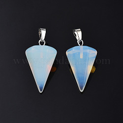 Cône / spike / pendule pendentifs en pierre d'opalite, avec les accessoires en fer de platine plaqués, 25~27x14x14mm, Trou: 6x3mm