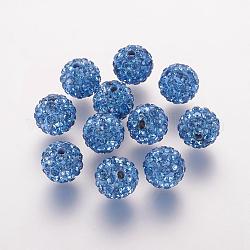 Abalorios de Diamante de imitación de arcilla polímero, Grado A, redondo, Pave bolas de discoteca, zafiro luz, 10x9.5mm, agujero: 1.5 mm