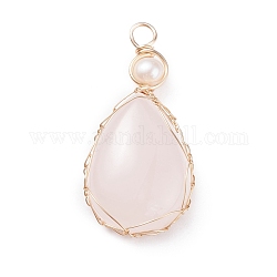 Natural Rose Quartz Copper Wire Wrapped Pendants, with Grade A Natural Cultured Freshwater Pearl, Real 18K Gold Plated, Teardrop, 38~43x19~19.5x8~8.5mm, Hole: 3.5~3.8mm