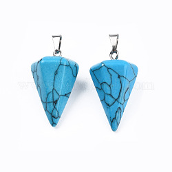 Cône / spike / pendule teints synthétiques bleu pierre turquoise pendentifs, avec les accessoires en fer de platine plaqués, 25~27x14x14mm, Trou: 6x3mm