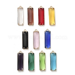 Glass with Golden Brass Pendants, Faceted Rectangle Charms, Mixed Color, 34.5x10.5x5.8mm, Hole: 2mm