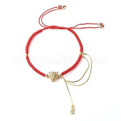 Bracelet léopard et chaîne en laiton micro pavé de zircons cubiques pour fille femme, bracelet cordon nylon ajustable, or, rouge, diamètre intérieur: 2-1/4~3.94 pouce (5.6~10 cm)