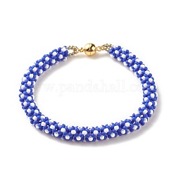 Bracelet en perles de verre au crochet, bracelet nepal fashion avec fermoir magnétique en laiton pour femme, bleu, 7-1/2 pouce (19 cm)