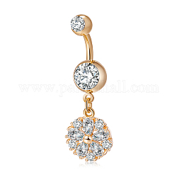 Piercing Jewelry, Brass Cubic Zirconia Navel Ring, Belly Rings, with Surgical Stainless Steel Bar, Cadmium Free & Lead Free, Golden, Flower, Clear, 38x13mm, Bar: 15 Gauge(1.5mm), Bar Length: 3/8