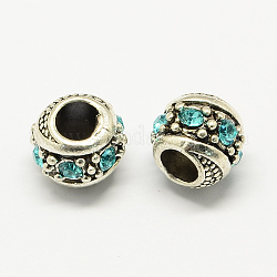 Legierung Rhinestone European Beads, Unterlegscheibe Perlen mit großem Loch, Antik Silber Farbe, Aquamarin, 11x10 mm, Bohrung: 5 mm