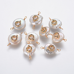 Conectores de eslabones de perlas naturales, con micro latón allanar fornituras de circonio cúbico, plano y redondo con la letra, colorido, dorado, letter.q, 20~23x12~14x6~8mm, agujero: 1.5 mm