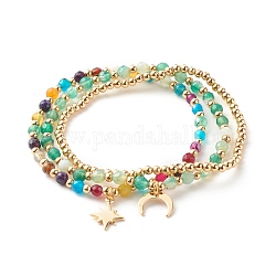 Agate naturelle perles rondes étendent bracelets, bracelet, ronde, bracelets à breloques en laiton lune et étoile pour fille femmes, or, vert de mer, diamètre intérieur: 2-1/4 pouce (5.6 cm), 3 pièces / kit