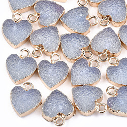 Déposer des pendentifs en résine druzy, avec les accessoires en fer, cœur, or clair, bleu acier clair, 15x12x3.5~4mm, Trou: 1mm