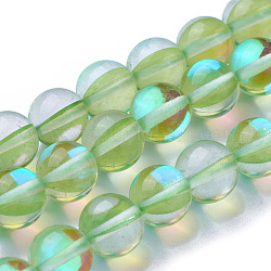 Chapelets de perles en pierre de lune synthétique, teinte, perles holographiques, demi couleur ab plaqué, ronde, vert clair, 10mm, Trou: 1mm, Environ 40 pcs/chapelet, 15 pouce