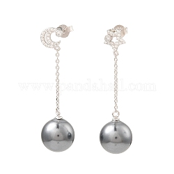 Boucles d'oreilles pendantes rondes en perles de coquillage, boucles d'oreilles asymétriques lune et étoile en argent sterling plaqué rhodium et platine véritable avec zircones cubiques, grises , 925mm