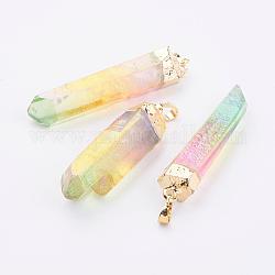 Pendentifs en cristal de quartz naturel électrolytique, pendentifs point, avec les accessoires en laiton, facette, pépites, or, colorées, 51~59x8~15mm, Trou: 5x8mm