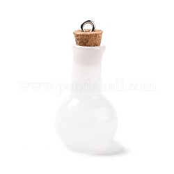 Glas-Anhänger, mit Flaschenverschluss aus Holz und Ösen aus Platinlegierung, Birnenförmig, weiß, 34x18 mm, Bohrung: 2 mm