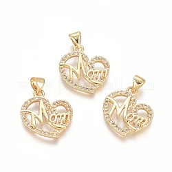Brass Micro Pave Clear Cubic Zirconia Pendants, Heart with Word MOM, For Mother's Day, Golden, 20x19x2.5mm, Hole: 3.5x4.5mm